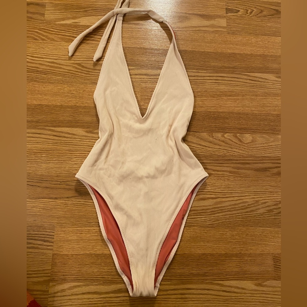 Aerie ribbed plunge halter neck one piece